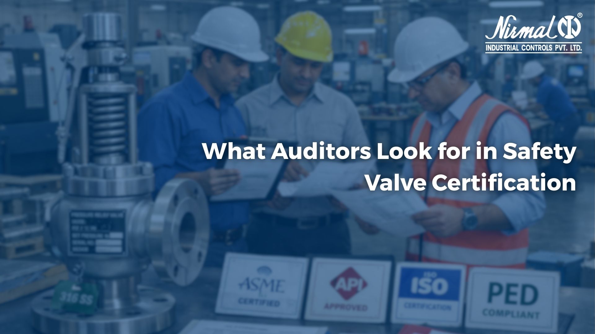 Industrial safety relief valve installed on pressure vessel for certification audit